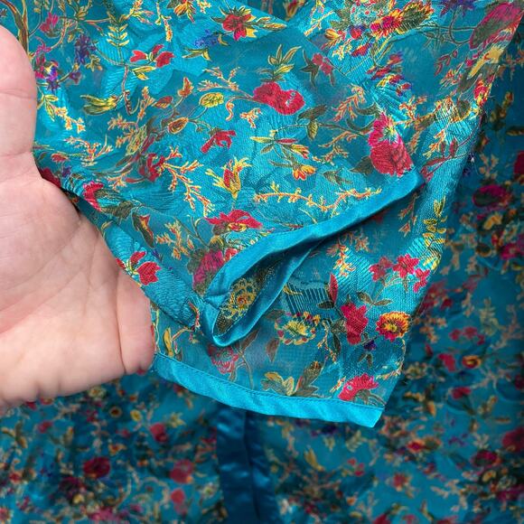 Vtg 90s VICTORIA'S SECRET Sheer Foral Button Down Sleep Shirt Small Teal Jewel - Picture 6 of 8